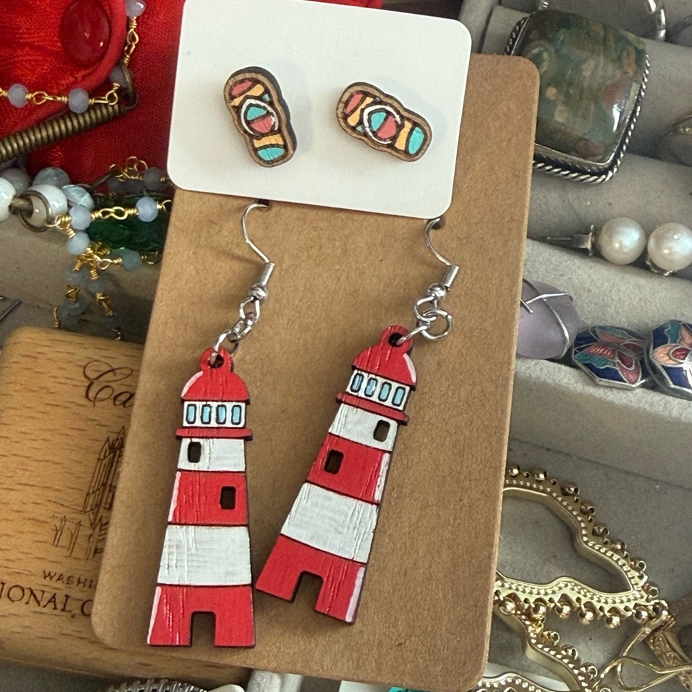 Handmade Handpainted Wood Earring Bundle Lighthouse Flip Flops Stud Dangle